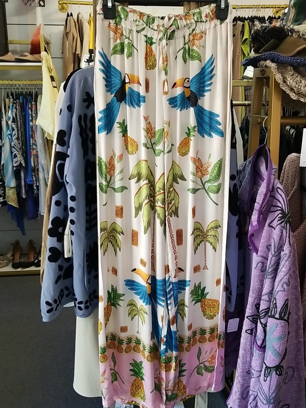 Wide-Leg Tropical Print Pants - White with Blue & Green